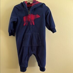 Navy Blue Hooded Baby Onesie with Red Bear Design